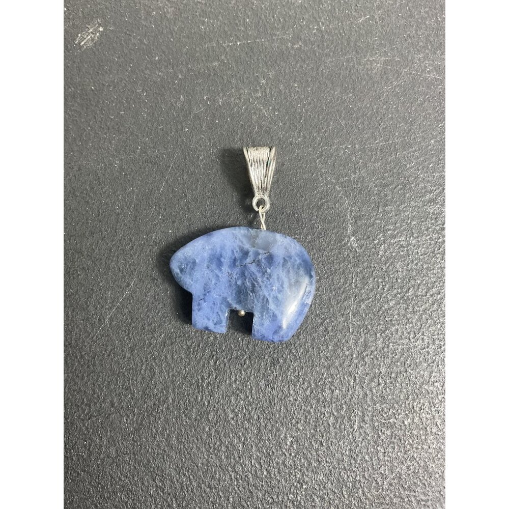 Blue Natural Gemstone Bear Pendant Silver Tone Bail